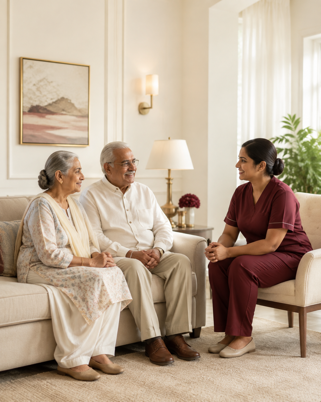 A caregiver supporting an elderly couple at home
